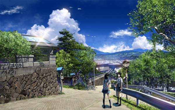 Anime picture 1350x850 with original bokuden short hair black hair smile multiple girls sky cloud (clouds) outdoors pleated skirt black eyes sunlight sunbeam girl skirt uniform 2 girls plant (plants) school uniform tree (trees)