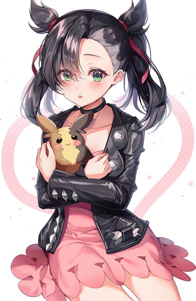 Anime picture 1000x1532 with pokemon pokemon (game) pokemon swsh nintendo marnie (pokemon) morpeko ttosom single long hair tall image looking at viewer blush fringe open mouth black hair simple background hair between eyes standing white background twintails