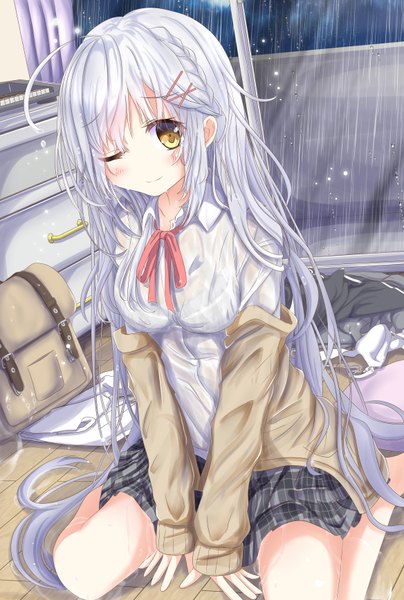 Anime picture 1168x1736 with original aruka (alka p1) single long hair tall image looking at viewer blush fringe breasts light erotic smile hair between eyes sitting yellow eyes payot sky silver hair full body ahoge bent knee (knees)