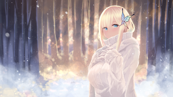 Anime picture 6142x3455 with boku wa tomodachi ga sukunai kashiwazaki sena cait single long hair looking at viewer blush fringe highres breasts blue eyes blonde hair hair between eyes wide image payot absurdres upper body outdoors parted lips lens flare