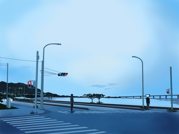 Anime picture 1024x768 with jiru sky mountain street crosswalk crossroads boy plant (plants) tree (trees) road traffic sign traffic lights