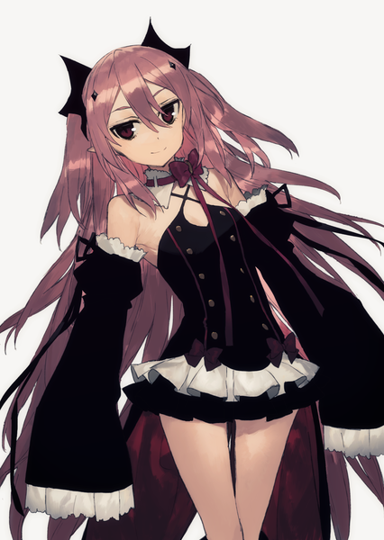 Anime picture 1901x2678 with owari no seraph wit studio kururu tepes hirota tsuu single long hair tall image fringe highres simple background smile hair between eyes red eyes standing bare shoulders payot looking away pink hair pointy ears grey background