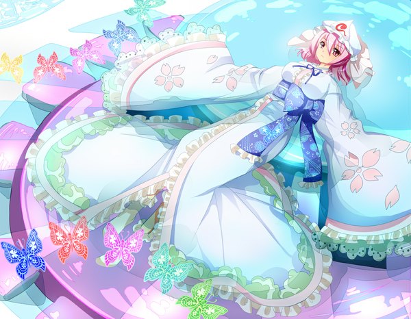 Anime picture 1080x840 with touhou saigyouji yuyuko nagare single looking at viewer blush short hair pink hair long sleeves traditional clothes pink eyes girl bow hat water insect butterfly