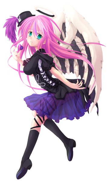 Anime picture 2274x3803 with yu-gi-oh! takayuuki (artist) single long hair tall image looking at viewer highres blue eyes simple background white background pink hair girl dress hat wings socks black socks transparent clothing mini hat mini top hat