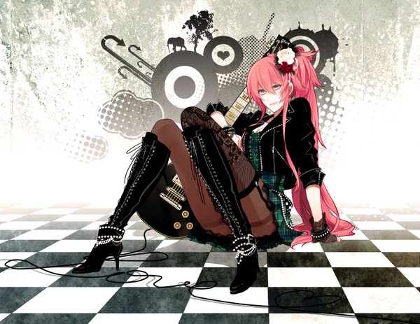 Anime picture 1554x1200 with vocaloid megurine luka katase waka light erotic pink hair very long hair hair flower checkered floor girl gloves hair ornament jacket thigh boots musical instrument wire (wires) guitar bass guitar
