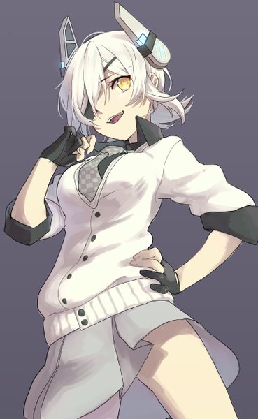Anime picture 1551x2518 with kantai collection tenryuu light cruiser sonomura single tall image short hair open mouth simple background yellow eyes looking away white hair wind grey background hand on hip alternate color girl gloves fingerless gloves eyepatch