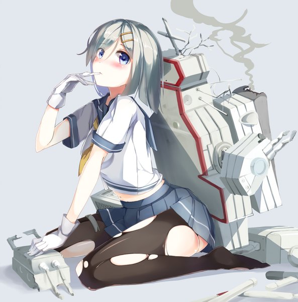 Anime picture 1200x1214 with kantai collection hamakaze destroyer monoto single tall image looking at viewer blush fringe highres short hair blue eyes light erotic simple background sitting holding white hair pleated skirt grey background no shoes mouth hold