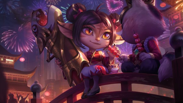 Anime picture 4096x2304 with league of legends teemo (league of legends) tristana (league of legends) highres short hair black hair wide image sitting holding yellow eyes looking away absurdres full body ahoge outdoors fingernails realistic night hair bun (hair buns) night sky