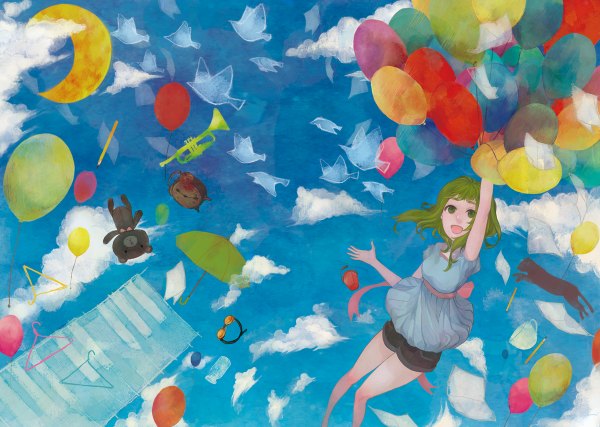 イラスト 1200x854 と ボーカロイド gumi 72 (nananatsu) ソロ 長髪 開いた口 金髪 緑の目 空 cloud (clouds) flying crescent 女の子 動物 眼鏡 ショーツ 鳥 傘 猫 時計