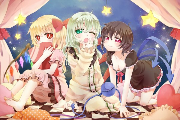 Anime picture 1125x750 with touhou flandre scarlet komeiji koishi houjuu nue chikamichi (ssssgirl) long hair blush short hair black hair blonde hair red eyes multiple girls green eyes one eye closed barefoot green hair wink loli girl dress