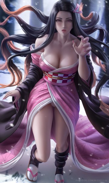 Anime-Bild 3000x5000 mit kimetsu no yaiba ufotable kamado nezuko wickellia single long hair tall image looking at viewer highres breasts light erotic black hair large breasts standing signed cleavage outdoors nail polish traditional clothes parted lips
