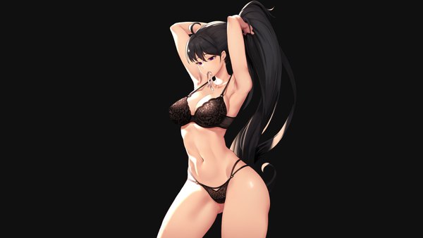 Anime picture 3840x2160 with original daydream (zhdkffk21) single long hair fringe highres breasts light erotic black hair simple background hair between eyes wide image large breasts standing purple eyes holding absurdres ahoge ponytail arms up