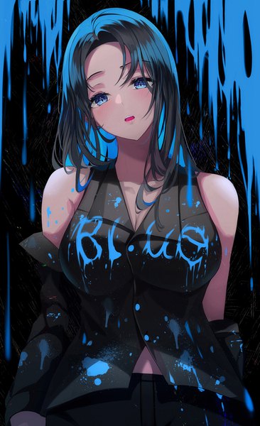 Anime picture 1831x3000 with original gongha single long hair tall image looking at viewer blush fringe highres breasts open mouth blue eyes black hair simple background standing bare shoulders blue hair head tilt multicolored hair off shoulder