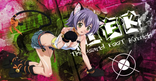 Anime picture 2000x1043 with k.g highres short hair wide image animal ears yellow eyes purple hair animal tail on all fours girl gloves
