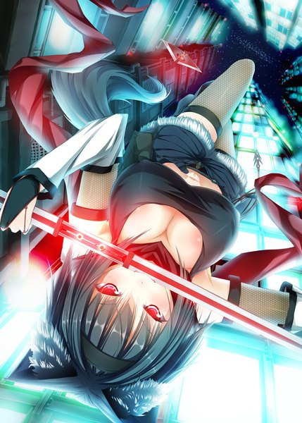 Anime picture 1296x1813 with original re:n ne single tall image short hair breasts light erotic black hair red eyes large breasts animal ears cat ears girl thighhighs weapon sword shorts scarf fishnet stockings