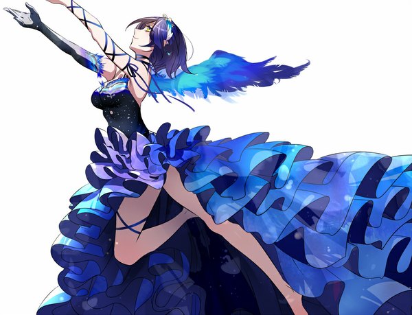 Anime picture 1000x766 with idolmaster idolmaster cinderella girls hayami kanade yuura single short hair breasts simple background smile white background blue hair bent knee (knees) profile barefoot bare legs legs blue-winged maiden girl dress hair ornament