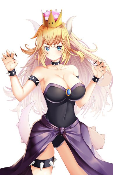 Anime picture 664x1024 with super mario bros. new super mario bros. u deluxe bowsette kotomaru (sirouko9511) single long hair tall image looking at viewer blush fringe breasts blue eyes light erotic blonde hair hair between eyes large breasts standing bare shoulders payot cleavage