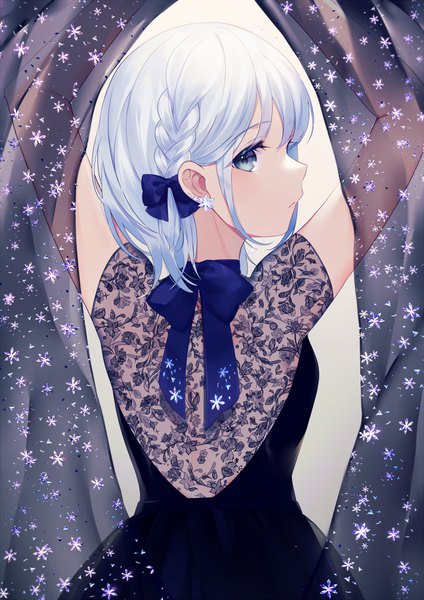 Anime picture 706x1000 with original achiki single tall image looking at viewer blush fringe short hair simple background silver hair braid (braids) profile looking back aqua eyes from behind arms up gradient background side braid snowflake print girl