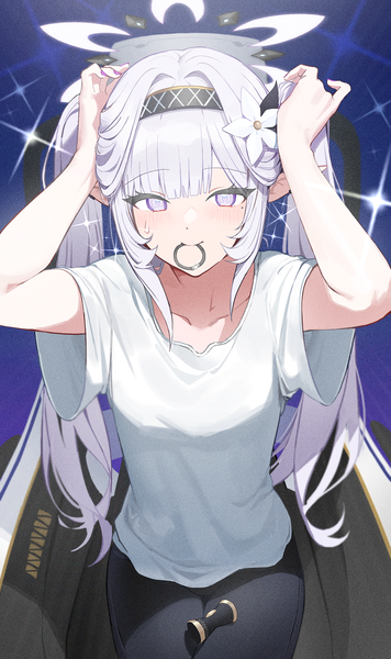 Anime picture 1200x2025 with blue archive himari (blue archive) zanya 000 single long hair tall image looking at viewer blush fringe sitting twintails silver hair blunt bangs nail polish hair flower from above mole arms up mole under eye sweatdrop