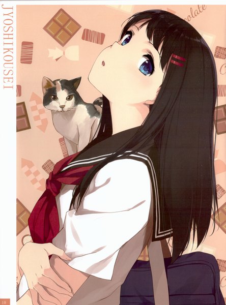 Anime picture 4867x6568 with original sin (caidychen) caidychen long hair tall image looking at viewer fringe highres open mouth blue eyes black hair absurdres upper body scan :o short sleeves animal on shoulder scan artifacts girl uniform