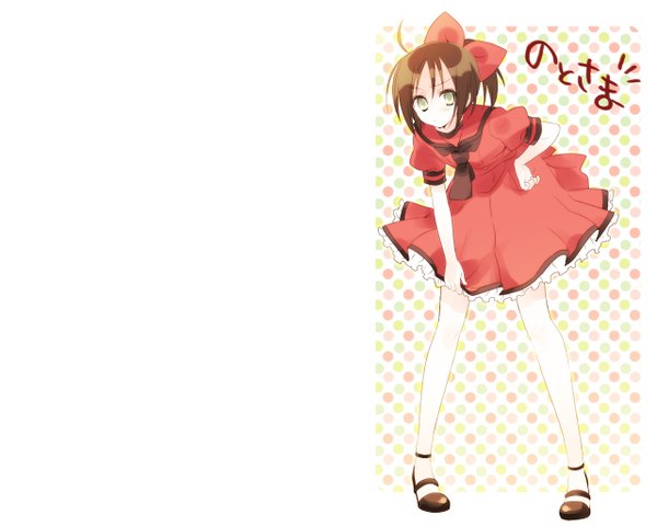Anime picture 1280x1024 with advance! kitakou boadcasting cub looking at viewer simple background brown hair green eyes ahoge ponytail hieroglyph girl dress bow hair bow necktie shoes