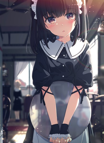 Anime picture 2974x4096 with original visions ogipote long hair tall image looking at viewer blush fringe highres black hair standing multiple girls holding brown eyes indoors blunt bangs head tilt blurry short sleeves maid