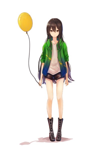 Anime picture 1191x1684 with original pip (red juice1869) single long hair tall image looking at viewer fringe simple background hair between eyes brown hair standing white background holding brown eyes shadow lacing girl shorts boots hood