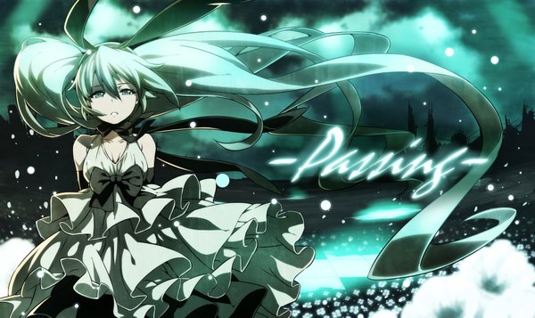 Anime picture 1800x1072 with vocaloid hatsune miku tasaka shinnosuke single looking at viewer highres breasts open mouth wide image twintails cleavage cloud (clouds) very long hair aqua eyes aqua hair inscription text city hands behind back cityscape