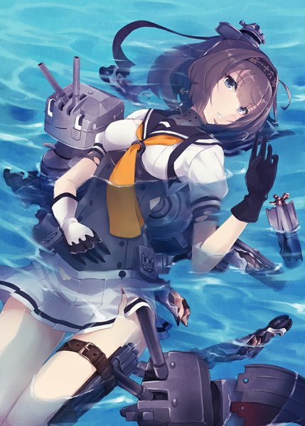 Anime picture 700x979 with kantai collection akizuki destroyer pokimari long hair tall image looking at viewer fringe brown hair purple eyes ponytail lying pleated skirt bare legs partially submerged afloat girl skirt gloves uniform ribbon (ribbons)