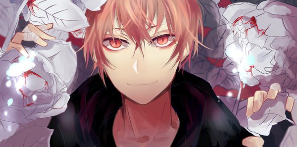 Anime picture 1024x507 with original sapchi single looking at viewer fringe short hair smile hair between eyes red eyes wide image red hair face blood stains boy flower (flowers) blood bandage (bandages)