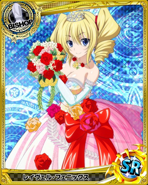 Anime picture 640x800 with highschool dxd ravel phenex single tall image looking at viewer blue eyes light erotic blonde hair smile drill hair card (medium) girl dress gloves flower (flowers) elbow gloves white gloves tiara bouquet wedding dress