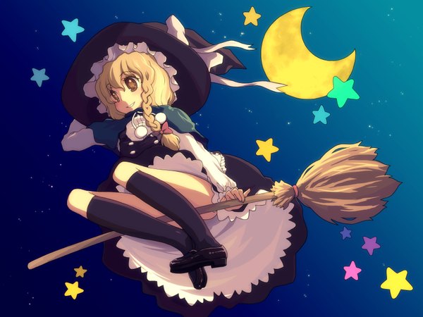 Anime picture 1600x1200 with touhou kirisame marisa kimarin highres blonde hair brown eyes braid (braids) night wallpaper happy broom riding girl hat socks star (symbol) moon star (stars) witch hat knee socks broom