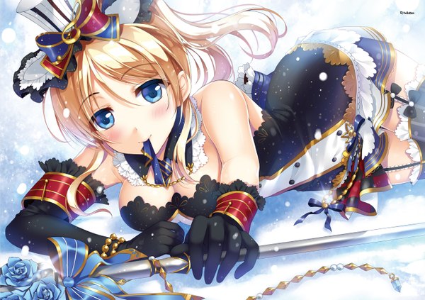 Anime picture 1417x1000 with love live! school idol project sunrise (studio) love live! ayase eli sousouman single long hair looking at viewer blush blue eyes blonde hair smile holding ponytail lying mouth hold girl thighhighs dress gloves