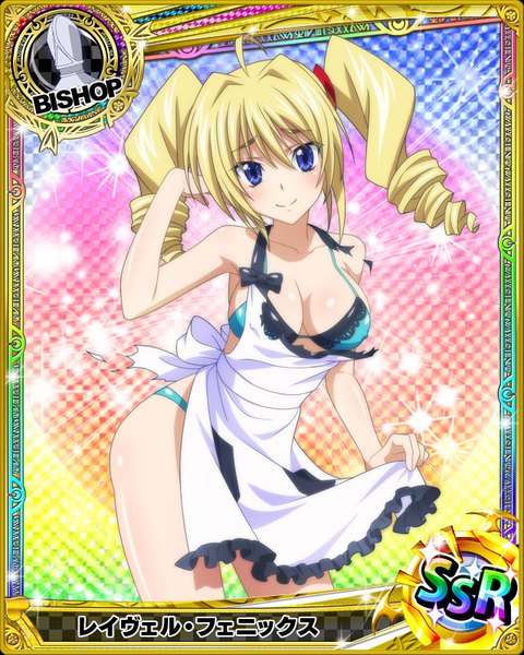 Anime picture 640x800 with highschool dxd ravel phenex single long hair tall image looking at viewer blush breasts blue eyes light erotic blonde hair smile twintails torn clothes drill hair card (medium) nearly naked apron girl underwear panties