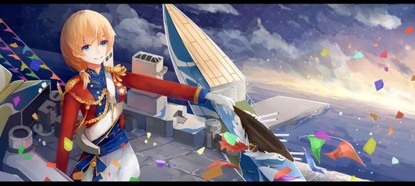 Anime picture 3556x1600 with .l.l single highres short hair blue eyes blonde hair wide image sky cloud (clouds) light smile girl hat suit confetti watercraft ship