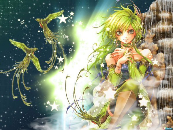 Anime picture 1600x1200 with final fantasy final fantasy iv square enix rydia tukiji nao (green glass) green hair grey eyes waterfall animal water bird (birds)