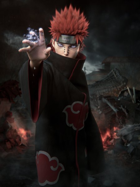 Anime picture 2304x3072 with naruto studio pierrot naruto (series) pain (naruto) deva path tendopain911 single tall image highres short hair purple eyes sky cloud (clouds) orange hair realistic piercing magic smoke ruins akatsuki