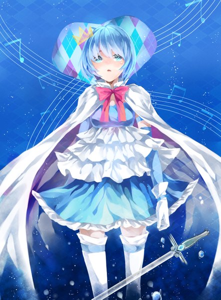 Anime picture 2480x3366 with mahou shoujo madoka magica shaft (studio) miki sayaka koyuiko single tall image looking at viewer blush highres short hair open mouth blue eyes blue hair blue background girl thighhighs dress gloves white thighhighs sword