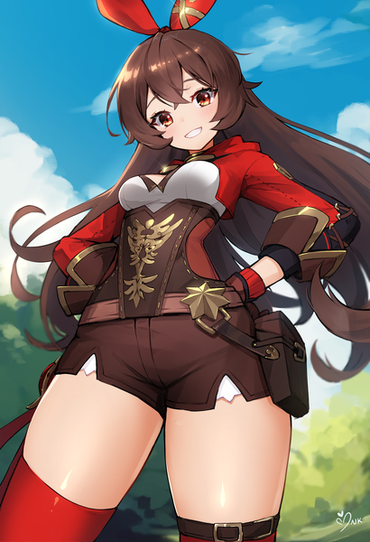 Anime picture 1635x2394 with genshin impact amber (genshin impact) ango single long hair tall image looking at viewer fringe smile hair between eyes red eyes brown hair sky cloud (clouds) from below grin hands on hips girl thighhighs ribbon (ribbons)