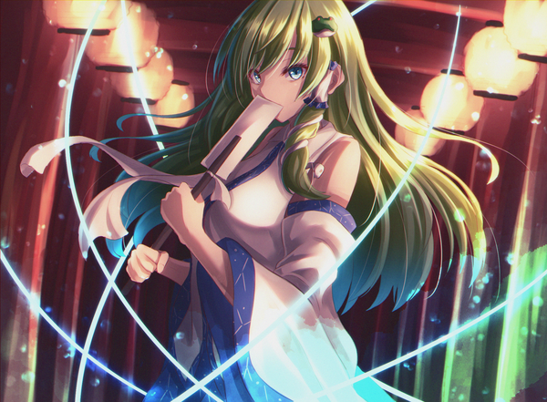 Anime picture 2048x1506 with touhou kochiya sanae shiranui (wasuresateraito) single long hair highres blue eyes looking away upper body green hair covered mouth girl detached sleeves hair tubes torii gohei paper lantern