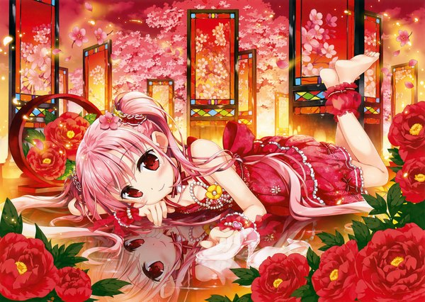 Anime picture 3300x2348 with original eshi 100-nin ten fujima takuya single looking at viewer blush highres red eyes twintails pink hair absurdres very long hair hair flower scan official art reflection girl dress flower (flowers) petals