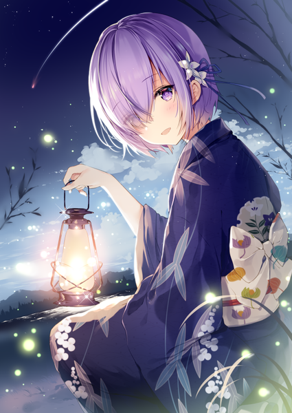 Anime-Bild 600x847 mit fate (series) fate/grand order mash kyrielight necomi (gussan) single tall image looking at viewer blush fringe short hair open mouth smile sitting purple eyes holding sky purple hair cloud (clouds) outdoors long sleeves