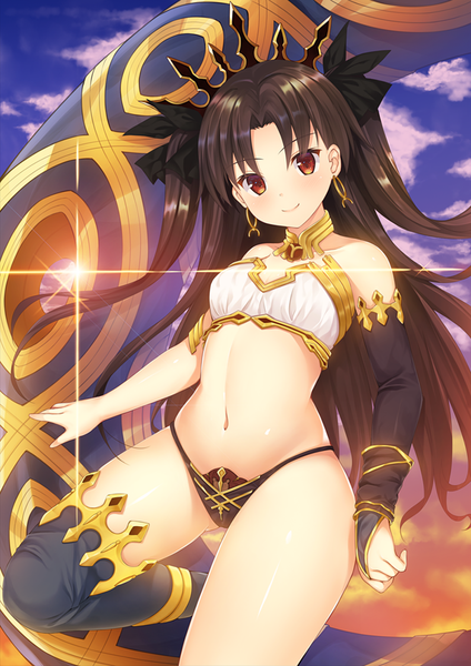 Anime picture 700x990 with fate (series) fate/grand order ishtar (fate) rennkuu single long hair tall image looking at viewer blush light erotic smile red eyes brown hair sky cloud (clouds) two side up ass visible through thighs girl thighhighs navel
