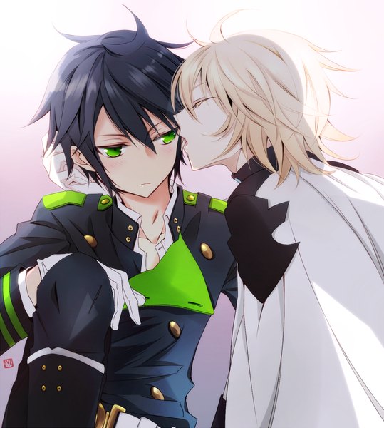 Anime picture 1100x1223 with owari no seraph wit studio hyakuya mikaela tsukimori usako tall image fringe short hair light erotic black hair simple background blonde hair green eyes eyes closed multiple boys gradient background shounen ai licking military boy gloves