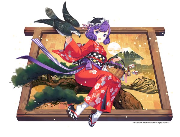 Anime picture 1200x918 with original h2so4 single short hair open mouth white background purple eyes purple hair traditional clothes japanese clothes bird on hand girl plant (plants) animal tree (trees) kimono bird (birds)