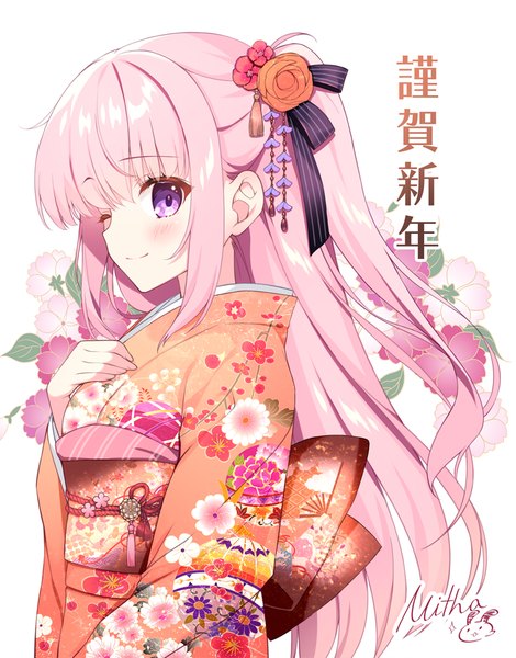 Anime-Bild 783x1000 mit original mitha single long hair tall image looking at viewer blush smile purple eyes signed pink hair upper body traditional clothes japanese clothes one eye closed one side up floral print hand on chest new year floral background