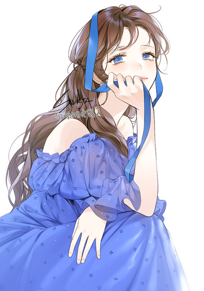 Anime-Bild 700x1000 mit original sorolp single long hair tall image looking at viewer blush fringe blue eyes simple background smile brown hair white background sitting bare shoulders signed payot off shoulder dated pale skin
