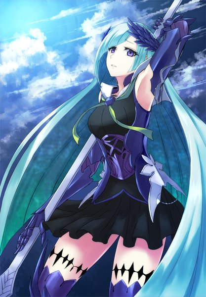 Anime picture 696x1000 with fate (series) fate/grand order fate/prototype brynhildr (fate) shingo (picturepuzzle) single long hair tall image fringe purple eyes sky cloud (clouds) parted lips pleated skirt aqua hair armpit (armpits) sleeveless looking up girl thighhighs