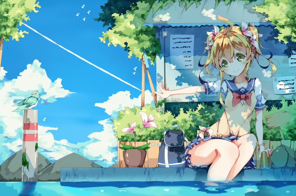 Anime picture 1500x996 with original dango remi single long hair fringe blonde hair smile sitting twintails yellow eyes sky cloud (clouds) bent knee (knees) pleated skirt hair flower outstretched arm mountain girl skirt uniform