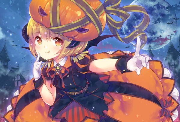 Anime picture 1353x923 with original ech single looking at viewer blush fringe short hair blonde hair smile hair between eyes horn (horns) night orange eyes halloween :q girl dress gloves ribbon (ribbons) wings